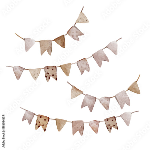 Set of Harvest Festival Decorations and Invitations or Happy Birthday. Drawing of Garland with flags Banner for kids celebration. String with muted beige colors. Hand drawn watercolor illustration.
