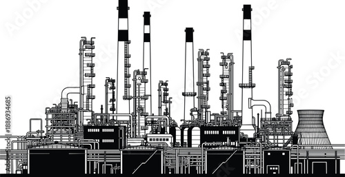 Industrial refinery silhouette illustration, oil gas processing plant, complex factory pipeline infrastructure, black line industrial landscape isolated white background vector