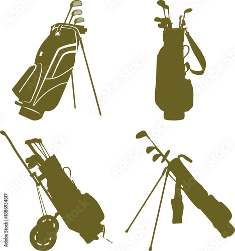 Golf Bag Silhouettes with Clubs and Cart golf clubs