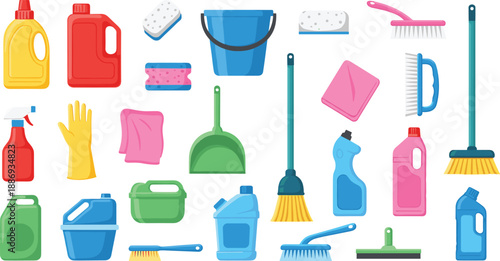 House cleaning tools and supplies illustration set with detergents, brushes, buckets, gloves, and sponges in colorful flat vector style for home hygiene concepts