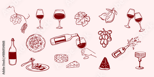 Hand drawn wine tasting set with glasses, bottles, grapes, cheese, pizza and food elements. Vintage doodle style vector illustration.