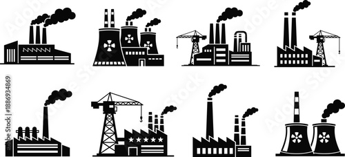 Industrial factory silhouette collection, power plant, manufacturing buildings, pollution concept icons, black industry illustration set isolated on white background