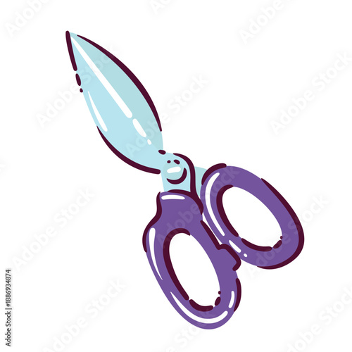 Pet grooming scissors in cartoon doodle style. Rounded safety scissors for trimming fur, animal haircut tool, pet care accessory, grooming equipment detail. Cartoon vector illustration.
