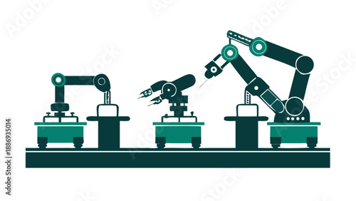 Silhouette of an industrial robot arm working on a production line, automation and smart factory concept vector