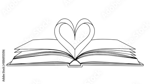 Open book with pages folding and forming a heart shape, minimal monoline vector line art, black outline isolated on white