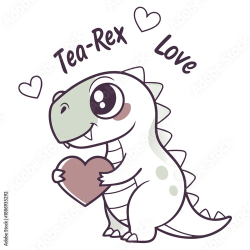 Cute Kawaii Tea – Rex Dinosaur Holding Pink Heart, Funny Valentine's Day Pun Illustration, Romantic Dino Character for Greeting Cards, Pastel T-Rex Love Concept, Vector Animal Mascot & Sweet Artwork