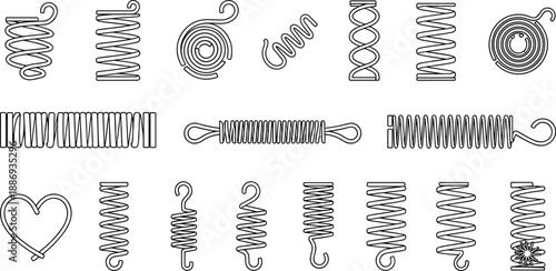 Mechanical spring illustration set showing various coiled, tension, compression, and torsion springs in black line art style for engineering and industrial design