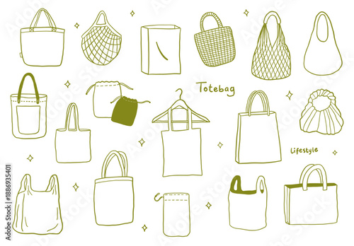 Eco friendly tote bag doodle set with reusable shopping sack elements featuring green canvas and mesh bag art decoration