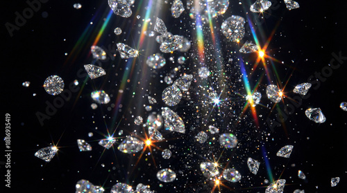Sparkling diamonds falling with colorful light reflections on black background creating magical and luxurious atmosphere