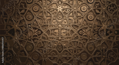 Luxurious intricate geometric pattern with star and circular motifs, traditional Middle Eastern or Islamic design, vintage bronze texture, ornate decorative background.