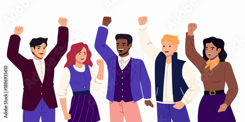 Diverse group of people raising their hands in a celebratory gesture