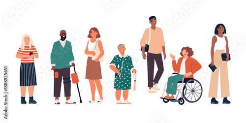 Diverse group of people including individuals with disabilities illustrated in a flat style