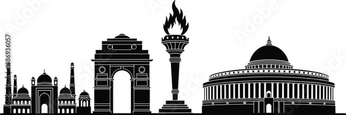 India Skyline Vector Illustration Featuring Taj Mahal, India Gate, Parliament House, and Eternal Flame Silhouette for Travel, Tourism, and Cultural Heritage Design Projects