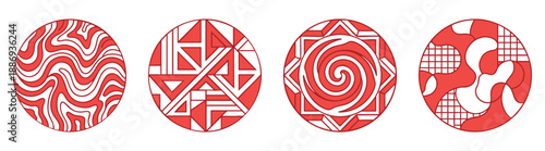 Abstract pattern icon set with red and white geometric and organic textures in circular shapes. A vector illustration collection for logos, social media highlight covers and modern branding.