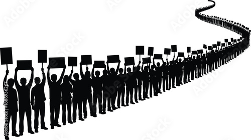 Large crowd of diverse people silhouettes holding blank protest signs and banners in a long winding line, activism, social justice, and collective demonstration.