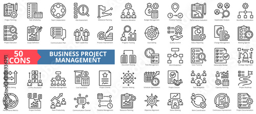 business project management icon set outline style illustration. containing project closure, objective alignment, deliverable review, document sharing, work breakdown, meeting agenda, priority setting