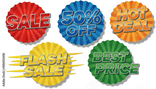 Sale Discount Badges Vector 50 Percent Off, Hot Deal, Flash Sale, Best Price Promotional Labels