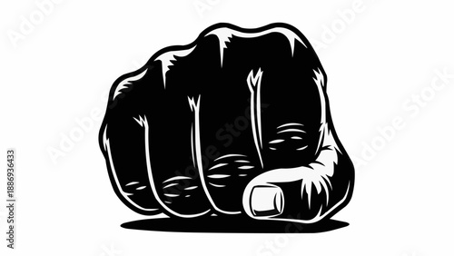 Black and white illustration of a clenched fist punching forward.
