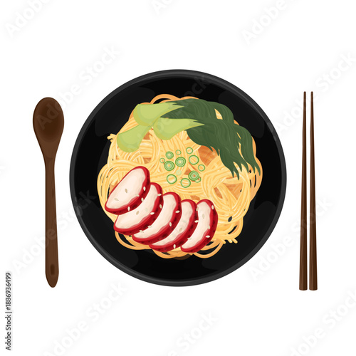 Vector Illustration logo Clip art Top View Char Siu Chicken with Noodles