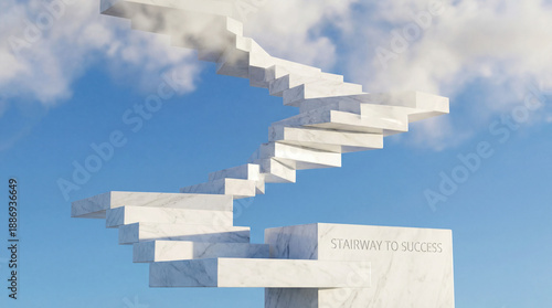 Marble staircase spiraling upward into clouds against blue sky, symbolizing ambition and success in bright, inspiring setting