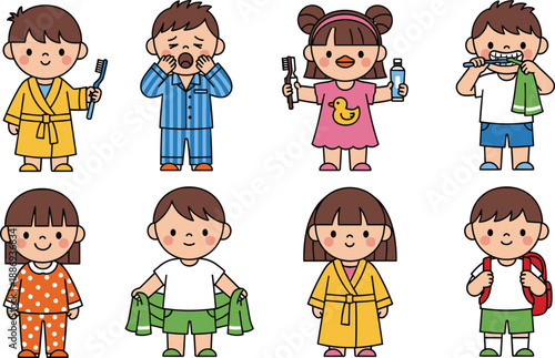 Cute Cartoon Children Daily Morning Routine Collection Featuring Brushing Teeth Getting Dressed and Going to School cad drawing flat vector illustration