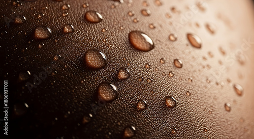 A close-up view of water droplets on a brown leather surface