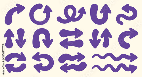 Purple arrow icons set in a fun, hand drawn doodle and cartoon style for creative projects. A vector illustration collection of quirky direction pointers, wavy lines and circulation symbols.