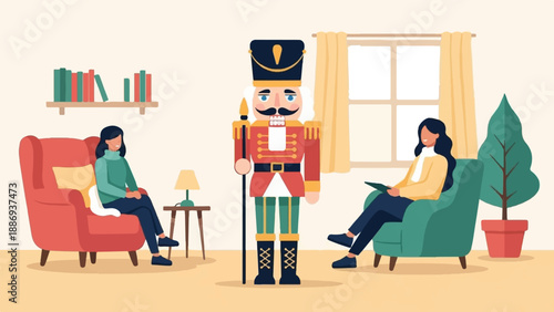 Two women relax in armchairs, one reading, while a nutcracker stands in room