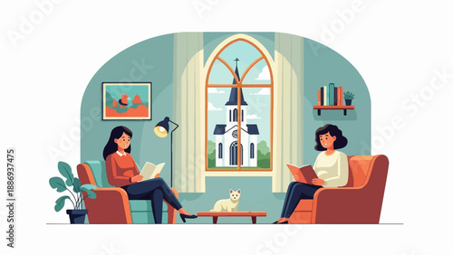 Two women relax in armchairs reading books, a cat sits nearby