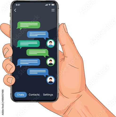 Messaging app illustration, smartphone chat artwork, digital communication design, mobile interface concept, creative UI style, social media symbol