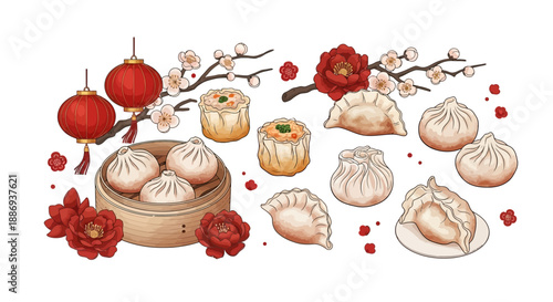 Watercolor Dim Sum and Dumpling Illustration Set with Peony Flowers and Chinese Lanterns for Lunar New Year