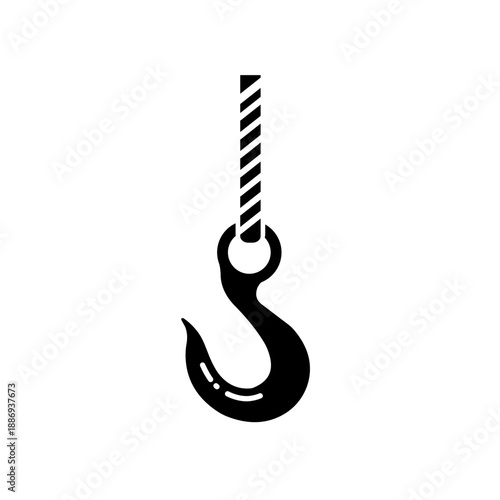Crane hook on rope, industrial lifting hoist equipment solid illustration, vector icon