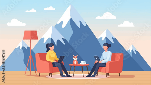 Two women relax in chairs with laptops and a small fox figurine