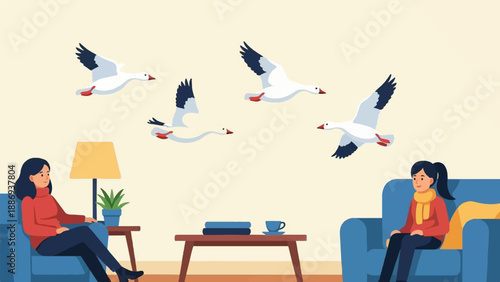 Two women relax indoors as geese fly across a muted sky