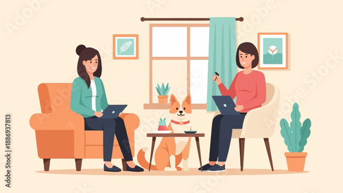 Two women and dog working on laptops in a cozy living room