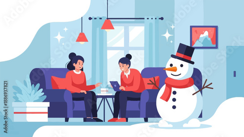 Two women relax indoors by a snowman on a winter day