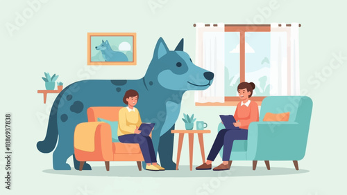 Two women in an indoor setting, with a large blue dog