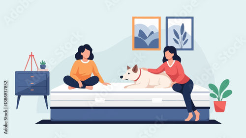 Two women and dog relax on a mattress, near a nightstand