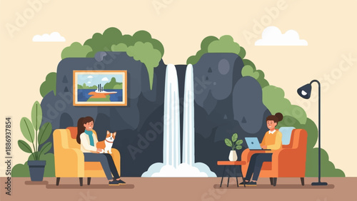 Two women relax indoors by a waterfall with a dog and a laptop