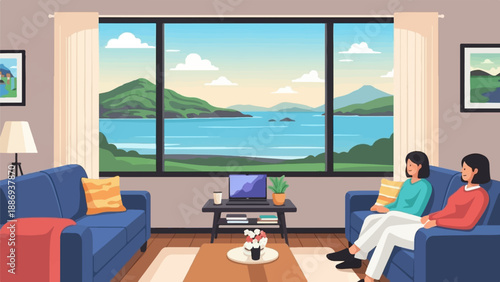 Two women relax indoors enjoying a scenic water and mountain view