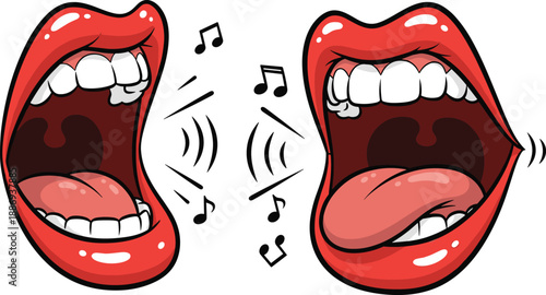 Singing mouths cartoon illustration, vocal expression artwork, musical communication design, sound wave concept, playful character style, entertainment symbol
