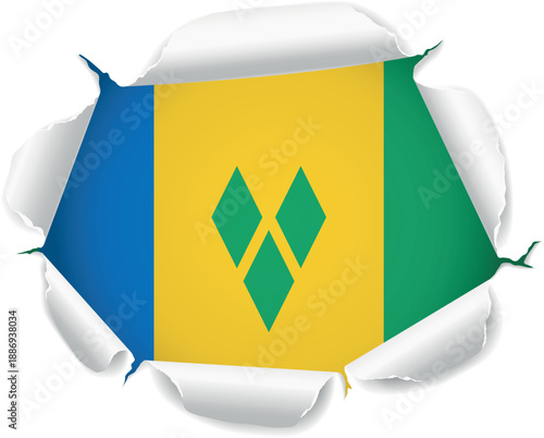 Flag of Saint Vincent and the Grenadines. Flag Revealed Through Torn Paper Hole