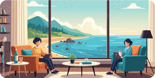 Two people working remotely in comfy chairs by a large window overlooking the ocean