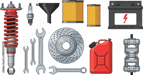 Essential car auto parts collection with battery spark plug shock absorber wrenches and brake disc cad drawing flat vector illustration