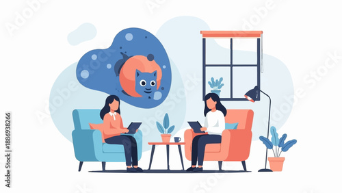 Two women in armchairs talk near a window with a whimsical cat