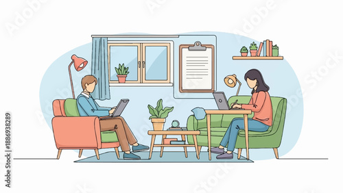 Two people working remotely on laptops in a cozy home office setting