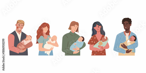 Diverse group of parents lovingly holding their newborn babies together