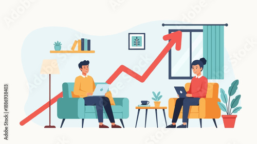 Two people working on laptops in a home office with an upward trending graph