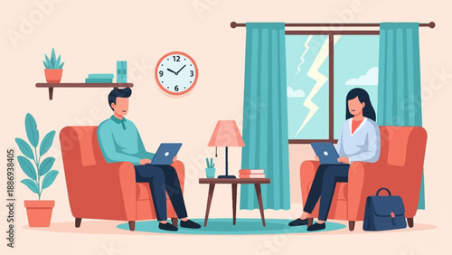 Two people working on laptops in a living room during a storm