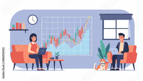 Two people working on laptops in a home office with a stock graph